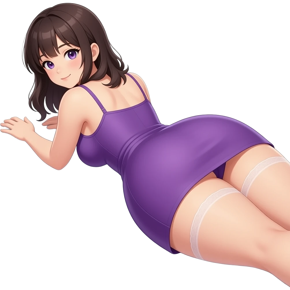 Sexy anime styled big booty bbl showing back its purple short dress while wearing a no underwear while laying front while her hands lay flat on the floor emoji