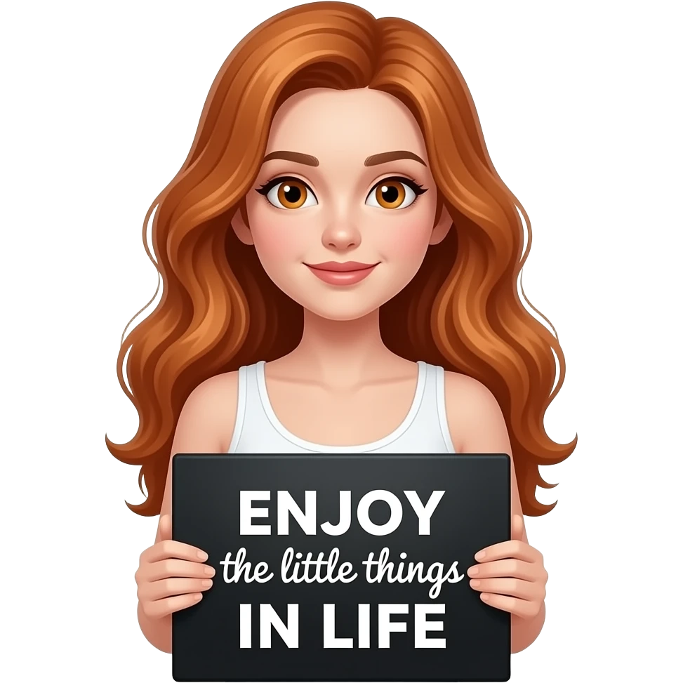 sexy girl with long wavy ginger hair and ginger eyes wearing a white tanktop is holding a black sign with ENJOY the little things IN LIFE written on it emoji