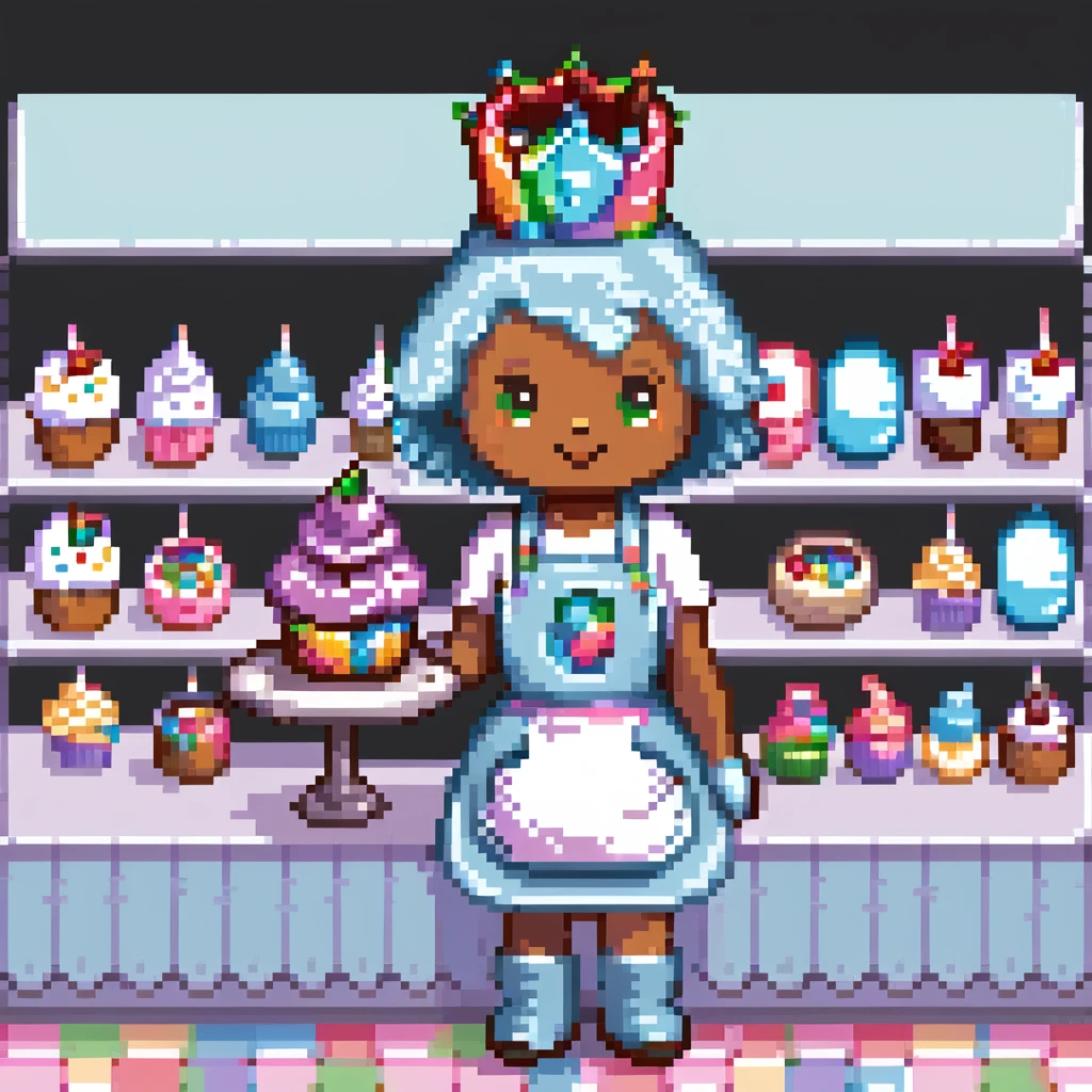 A playful baker in a pastel-pink candy lab. Walls of bubblegum bricks, frosting-covered counters, and a cupcake-shaped oven. The baker wears a gummy bear-studded apron, marshmallow gloves, and a rock candy crown. UI elements look like melting lollipops, candy cane sliders, and syrupy transitions. emoji