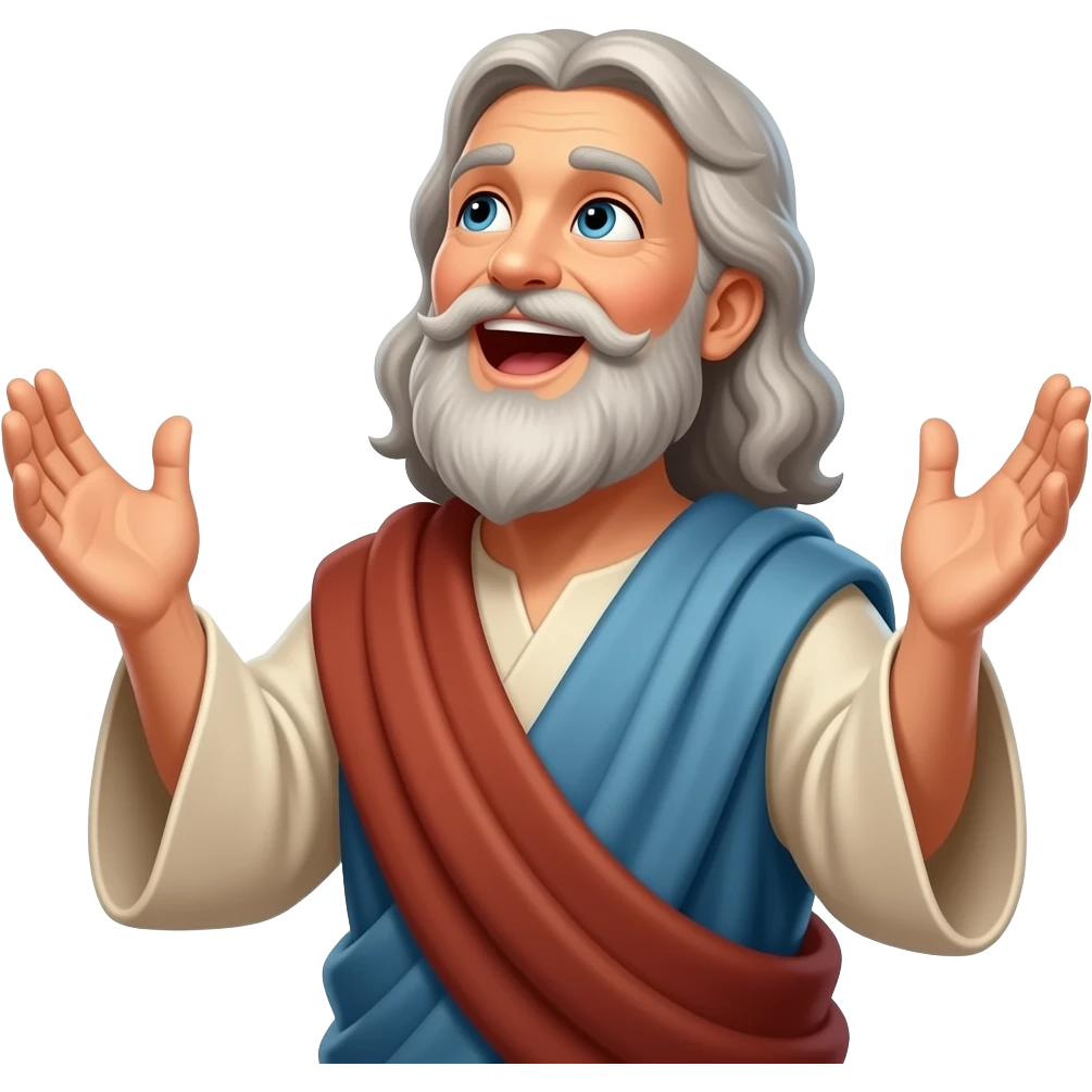 An old man wearing clothing from ancient biblical times looking up at God with his hands stretched out with a look of joy on his face singing praises to God emoji