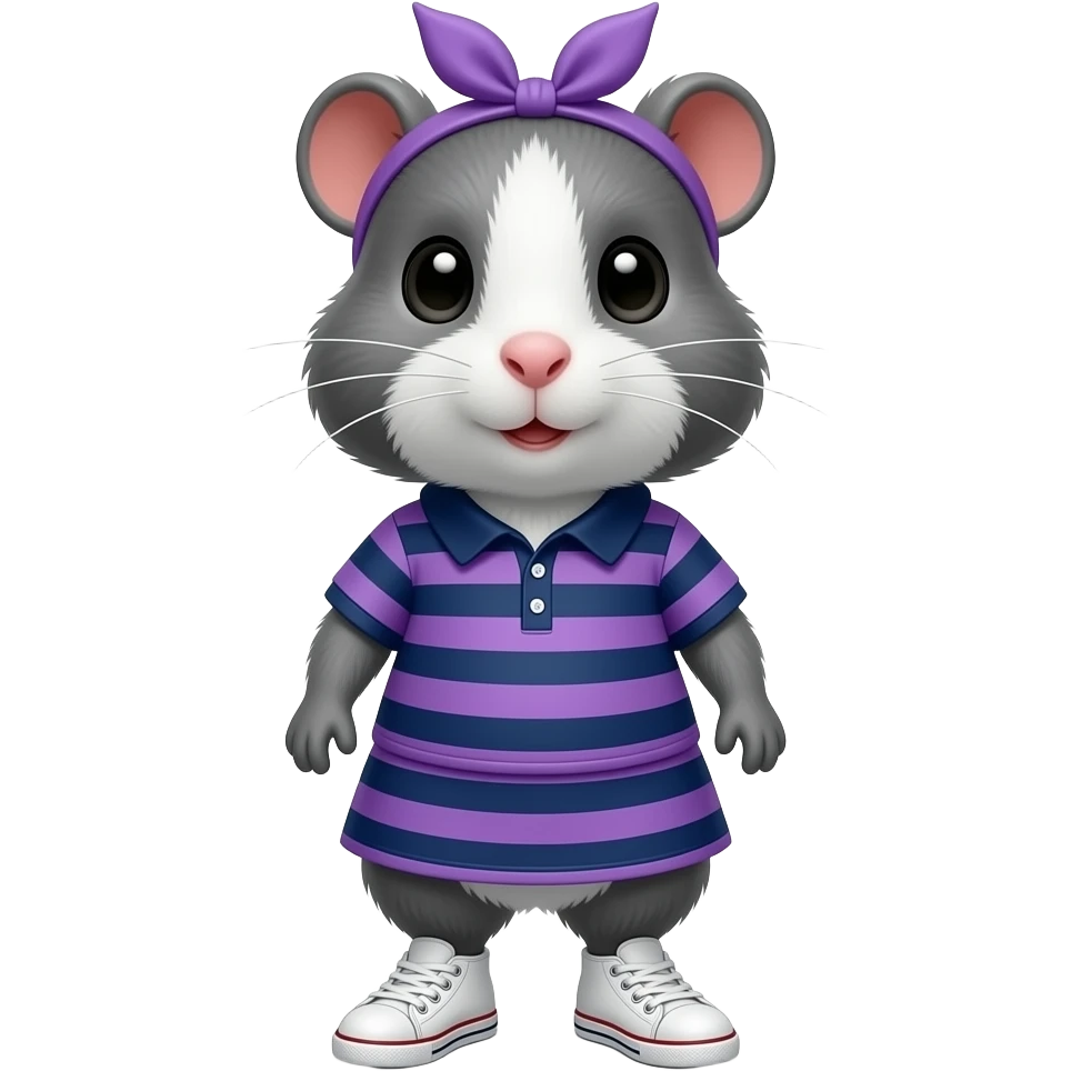 gray guinea pig in navy and purple stripe polo dress and white sneakers and purple hairband emoji