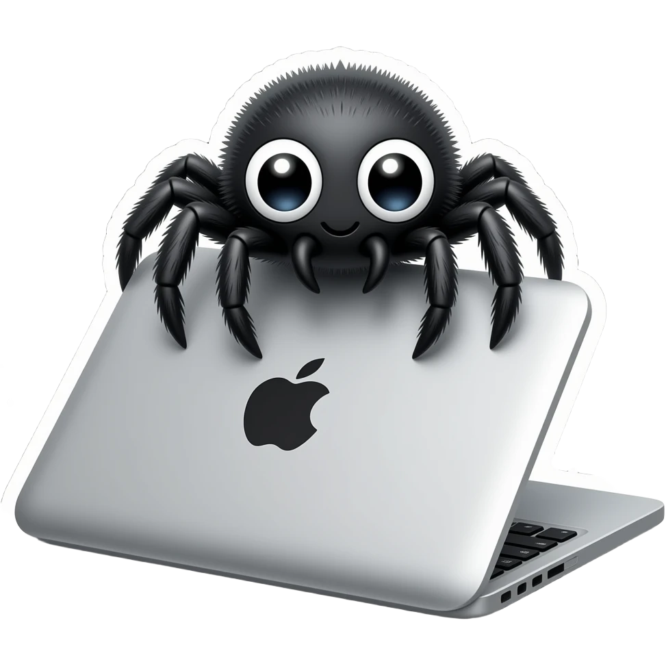 adorable black spider with big shiny eyes perched on top of 
a laptop computer, apple iOS emoji 3D style, soft fluffy texture, 
rounded shapes, cute kawaii aesthetic, smooth gradient shading, 
isolated on black background, pixar-like render, 8 legs visible emoji