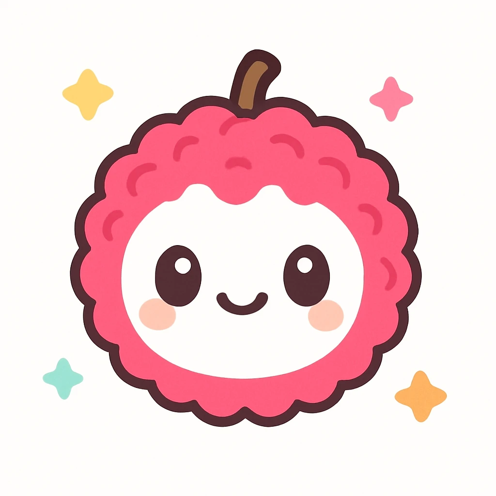 cute cartoon-style lychee emoji character with a round white face, big shiny eyes, happy smiling mouth, bright pink bumpy skin, small brown stem on top, playful colorful kawaii style, glossy 3D look, soft shading, detailed texture, cheerful expressive toy-like appearance emoji