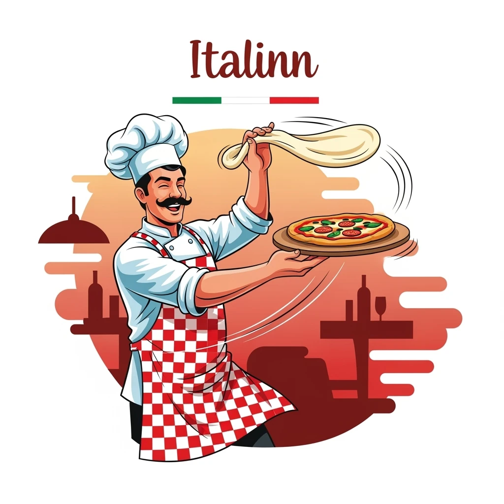 digital vector art of smiling Italian chef spinning pizza dough emoji