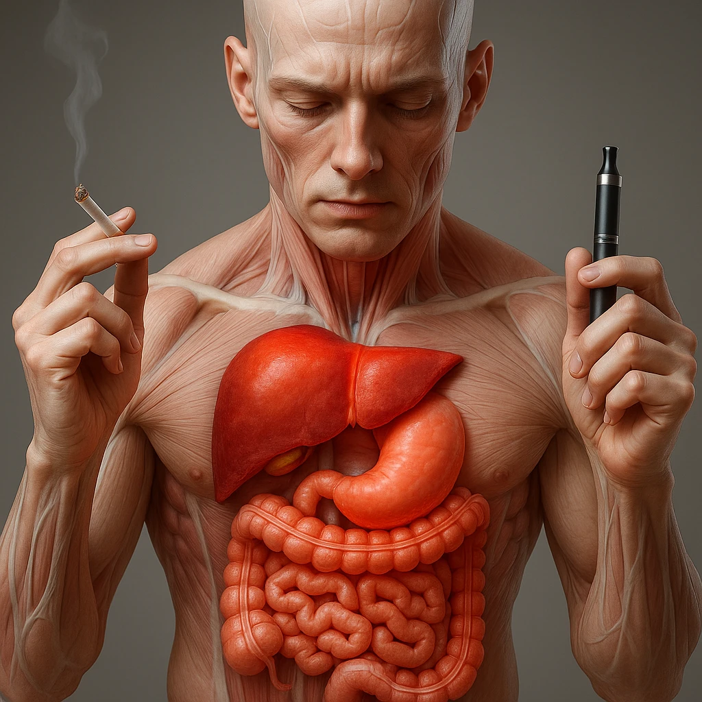 Medical illustration, hyperrealistic 4K, realistic anatomical human body, inflamed liver and intestine highlighted, holding a lit normal cigarette in the right hand and an electronic cigarette in the left hand, clear background, extremely detailed, same lighting and style as the reference image. emoji