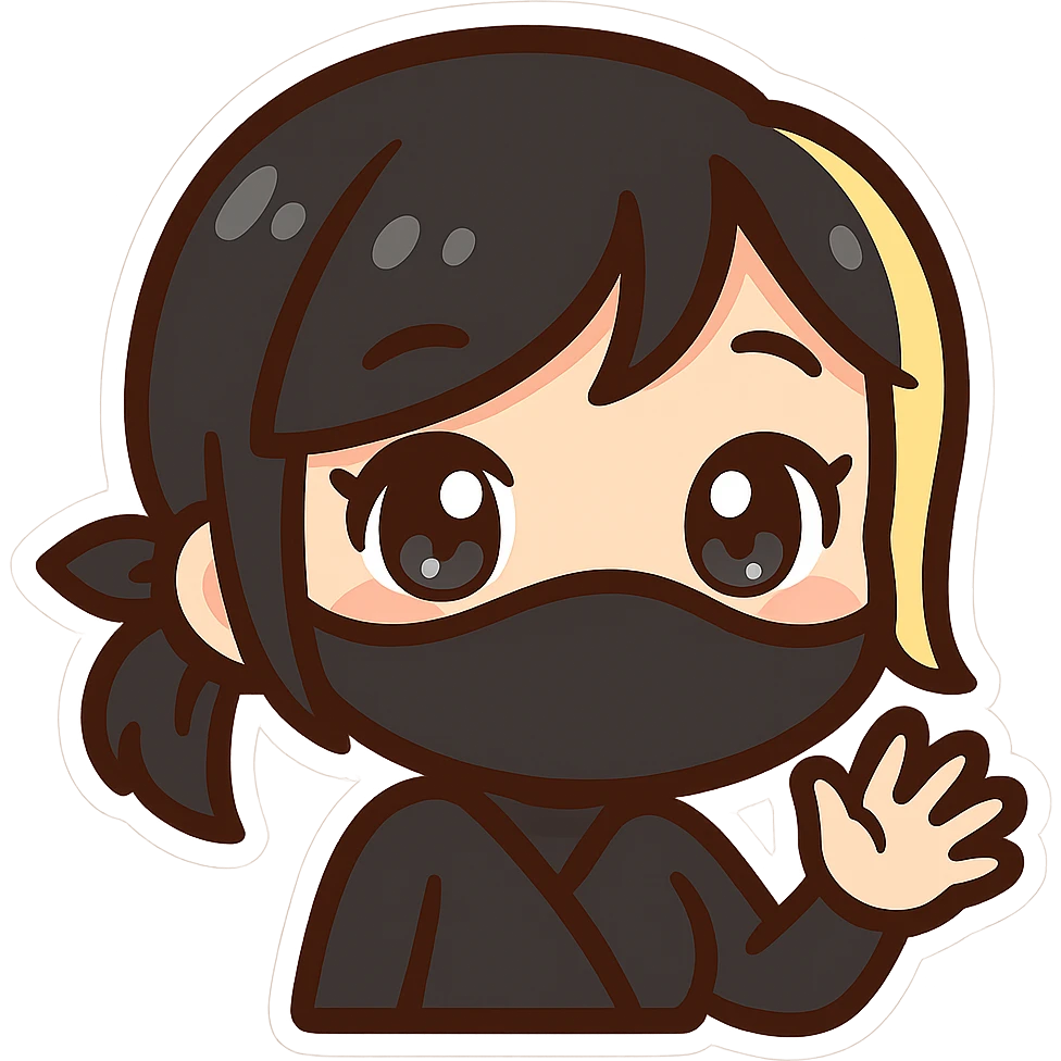 Super cute kawaii chibi style sexy ninja girl with black short hair and a blonde streak, only head and arms visible, big sparkling eyes, round face, soft colors, playful charm, bold outlines, transparent background, no mask, hand halfway up, smiling, sized for Twitch emoji use. emoji
