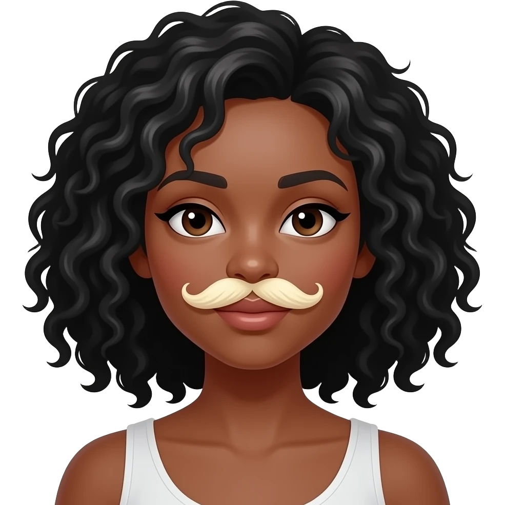 Medium dark skinned woman with black curly shoulder-length hair and cream on her moustache area emoji