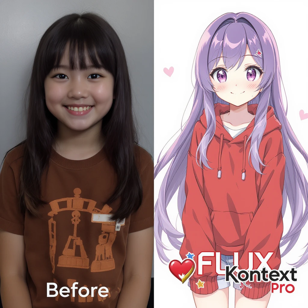 create before after image of a girl before is realsitic photo, after is anime version of her in same pose and clothes, add logo with text of a "FLUX Kontext Pro" emoji