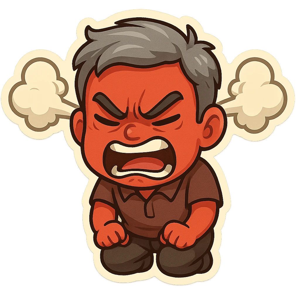 a red-skinned man with gray hair, extremely angry, steam coming from ears, cartoon style emoji
