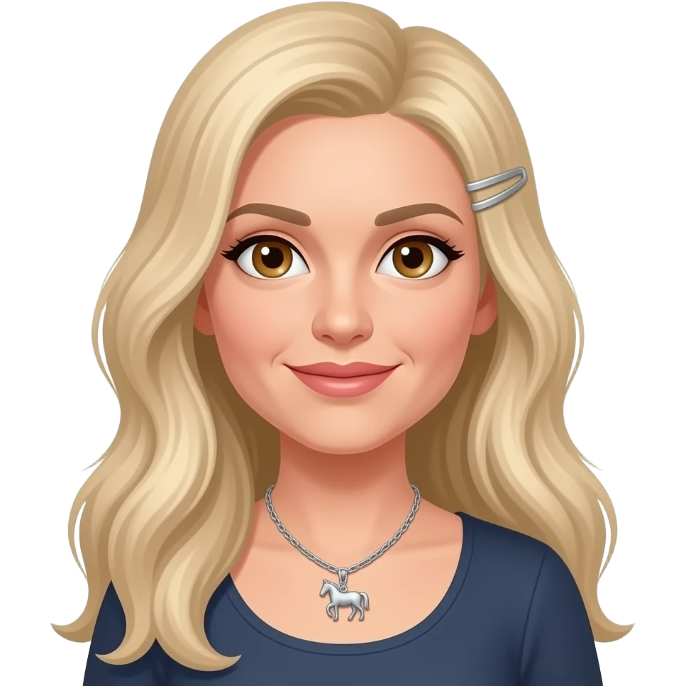 female, blonde hair, very long hair, hazel eyes, mid 30's, silver horse necklace, hair clip emoji