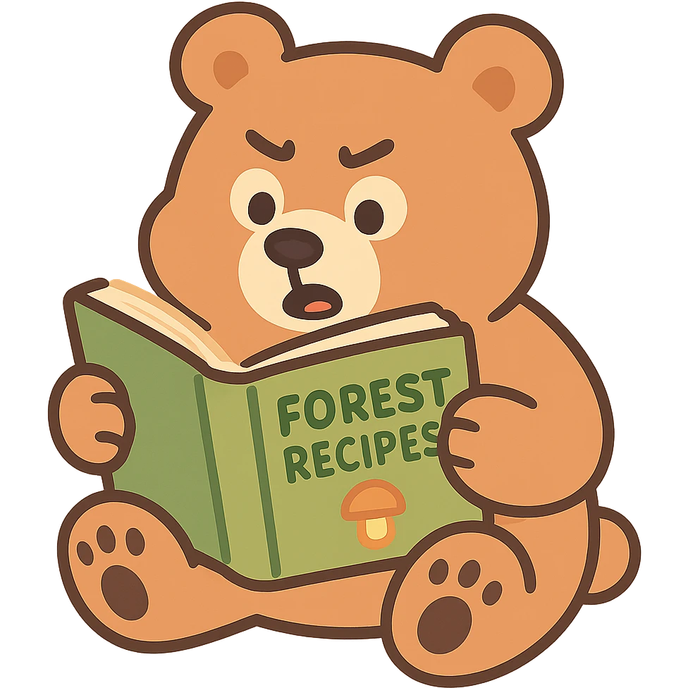 chubby bear reading a forest recipe book, muted warm tones, pastel-toon style emoji