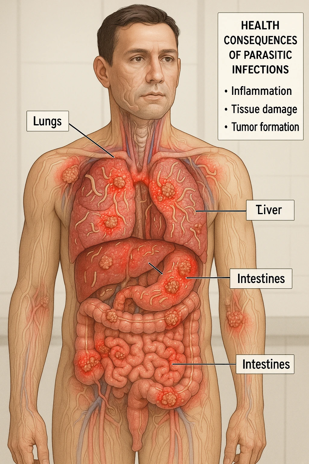 a semi-transparent view of a man’s body reveals numerous parasitic organisms inside his organs and tissues. Some areas are highlighted with red or inflamed zones, and small tumor-like masses are visible where the parasites cluster. The background is clinical and educational, with labels pointing to affected organs and a sidebar showing the health consequences. emoji