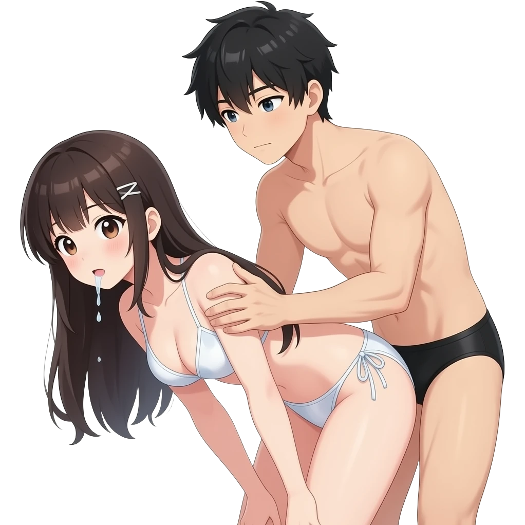 make a anime girl bending down  make the boy wearing no cloths and the girl wearing see through bikinis and more white siliva dripping out her mouth and make the boy help her from behind by using his 1 hand to her boobs and the other in between her thigs emoji