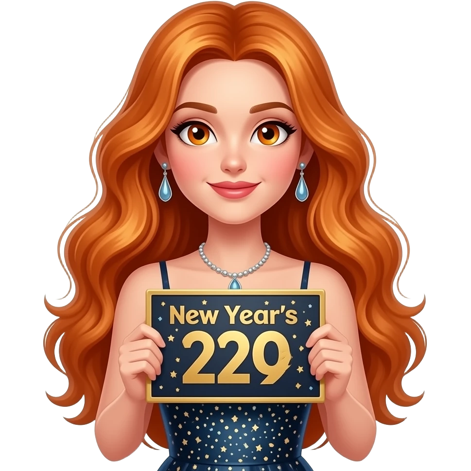 sexy girl with overlong ginger hair and ginger eyes wearing a new years eve dress holding a NEW YEARS EVE sign emoji