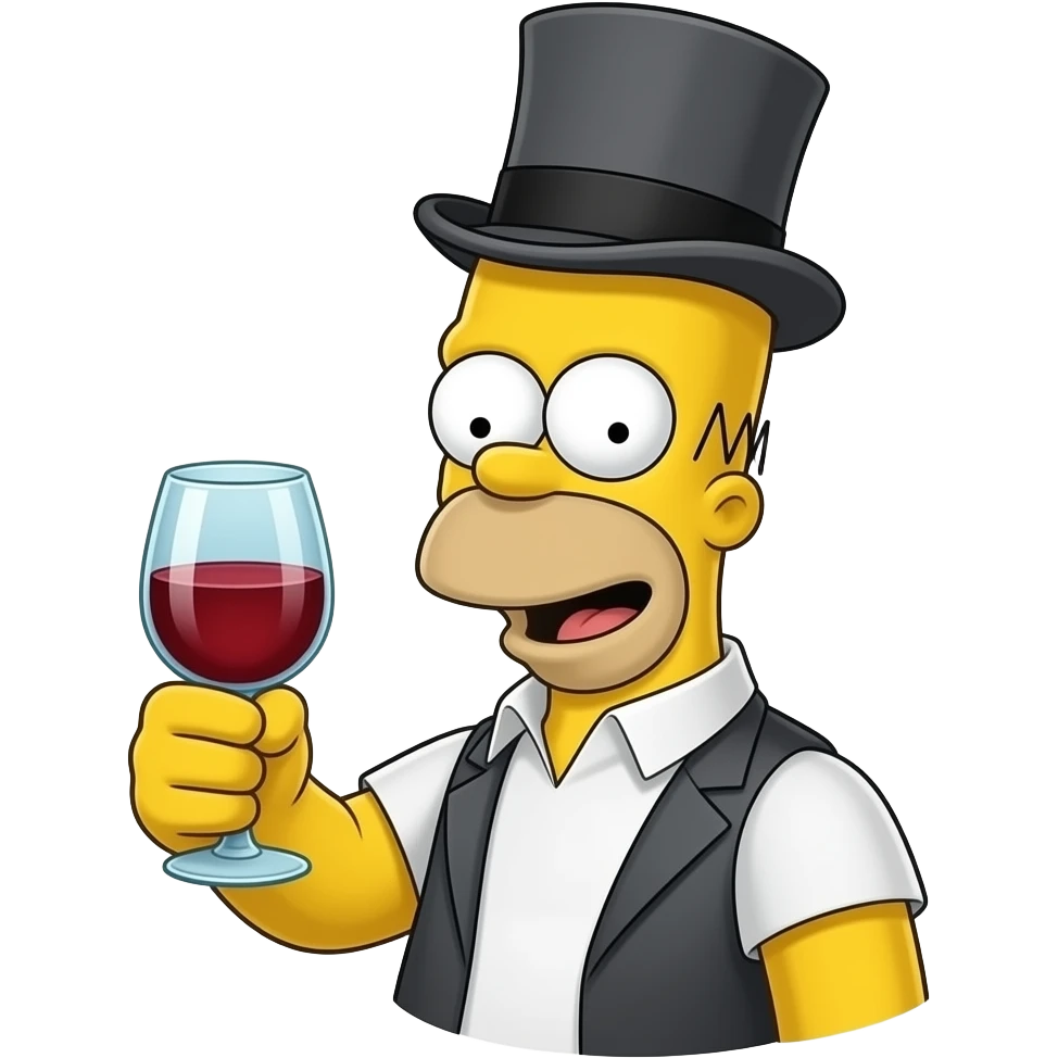 crea a homer con un sombrero de copa y tomando un vino emoji