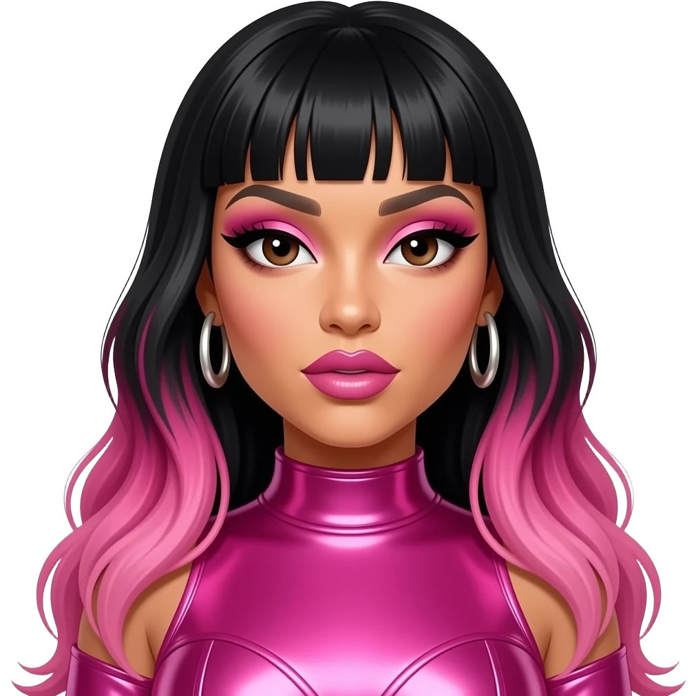 Nicki Minaj with dark brown eyes, long black hair with pink ombre, pink eyeshadow and lipstick, hot pink metallic hip-hop outfit, earrings emoji