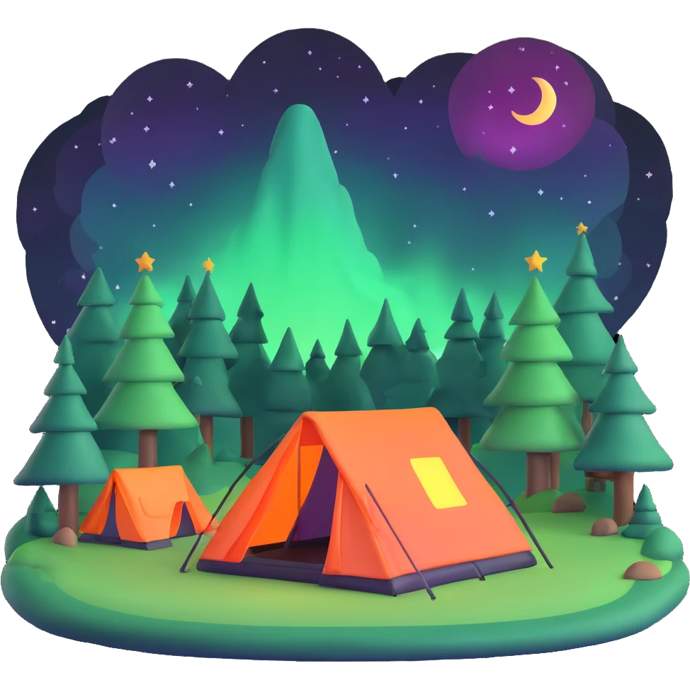camping tent in forest under northern lights emoji