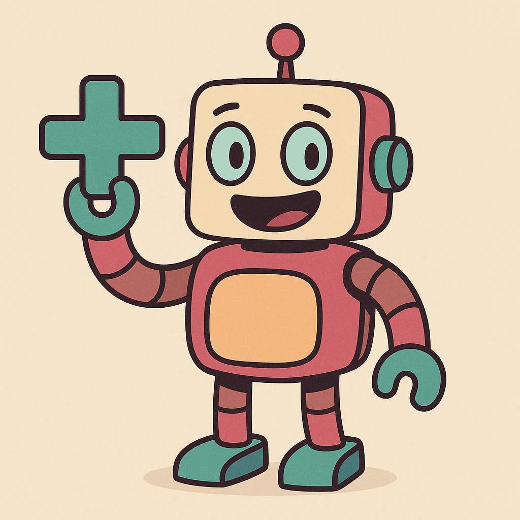 friendly robot holding a plus sign, Slack color palette, modern, simple, easily recognizable profile icon, digital style emoji