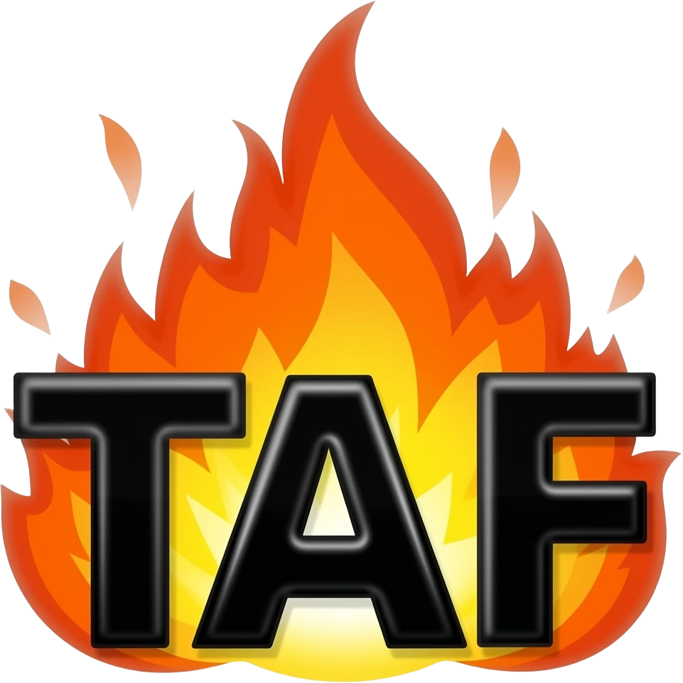 The black letters TAF infront of a firey explosion emoji
