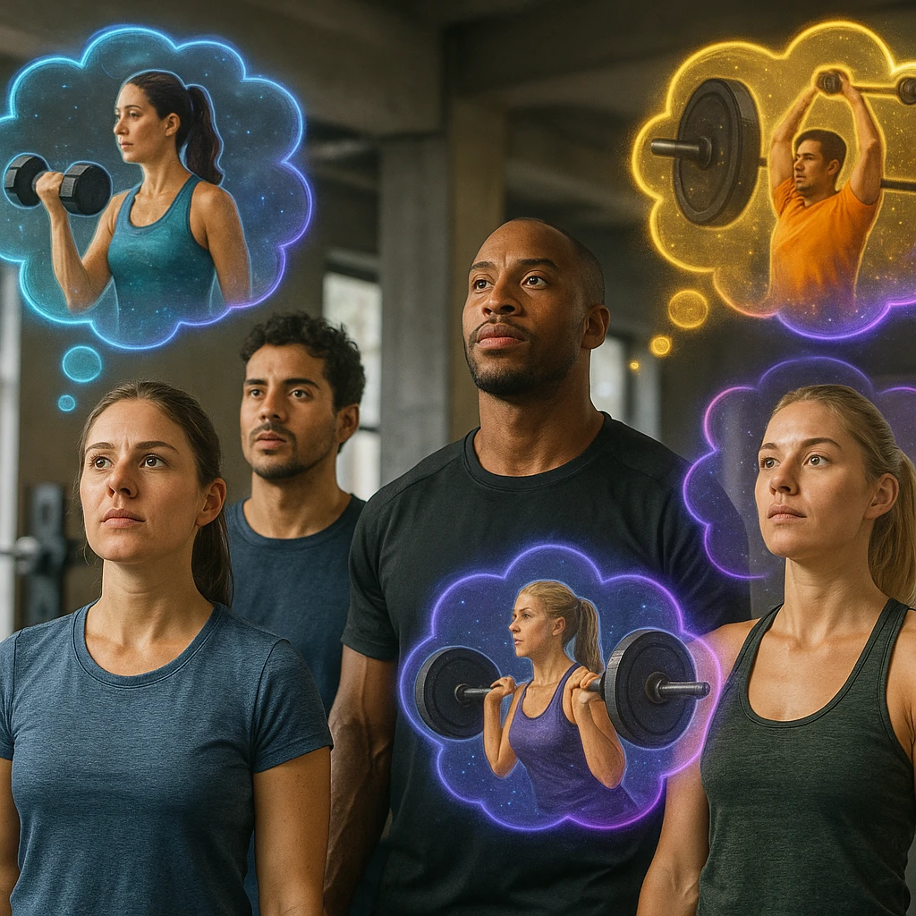 realistic style, group of people imagining training with weights, visual effects representing their thoughts, 2:3 aspect ratio emoji