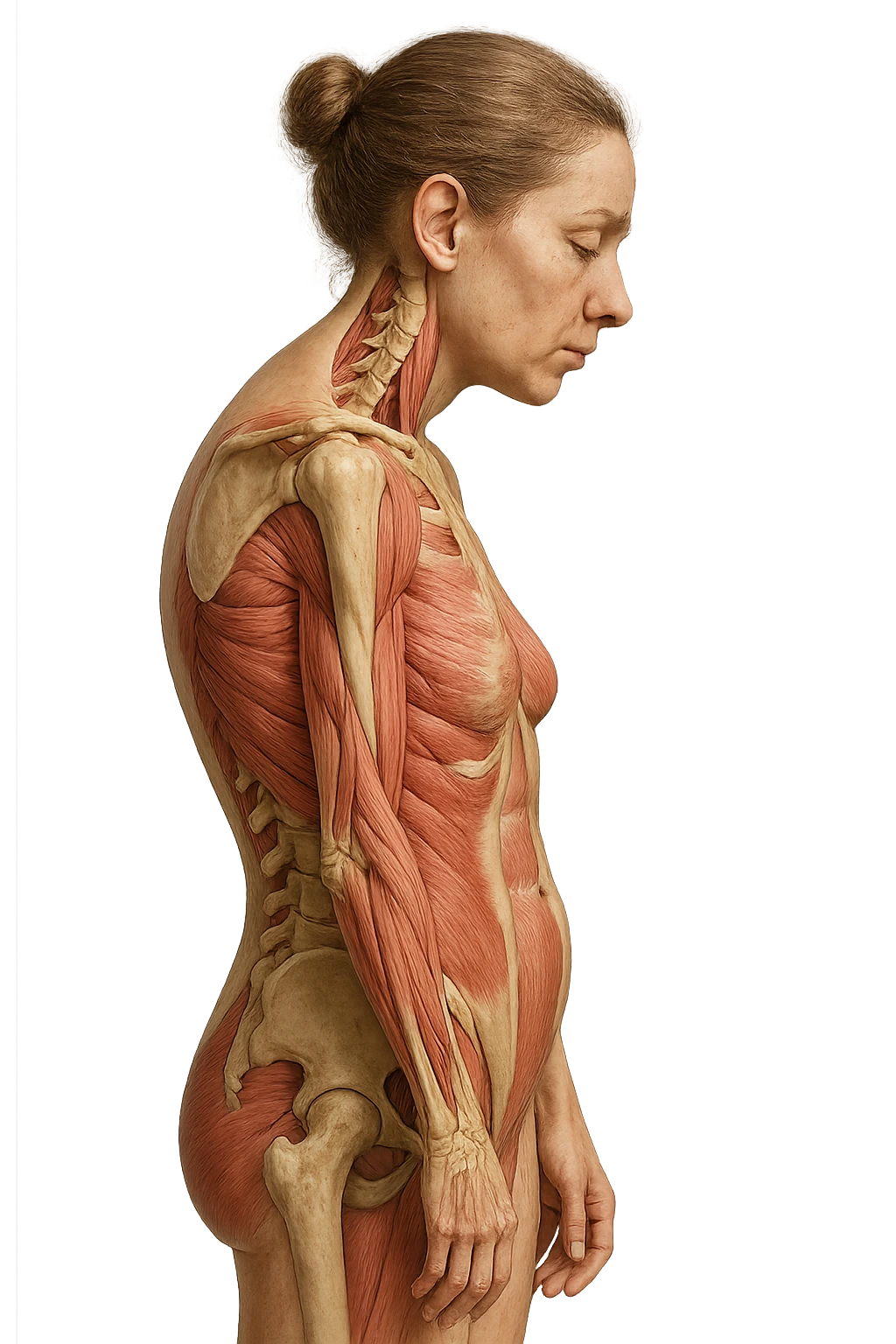 corpo umano anatomico di una donna di profilo con postura errata e spalle curve in avanti
IPERREALISTICO 4K emoji