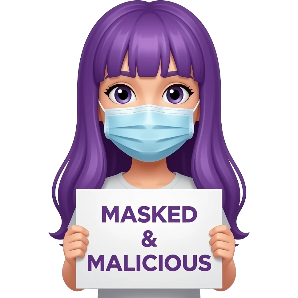 girl with long purple hair with a MASKED & MALICIOUS sign emoji