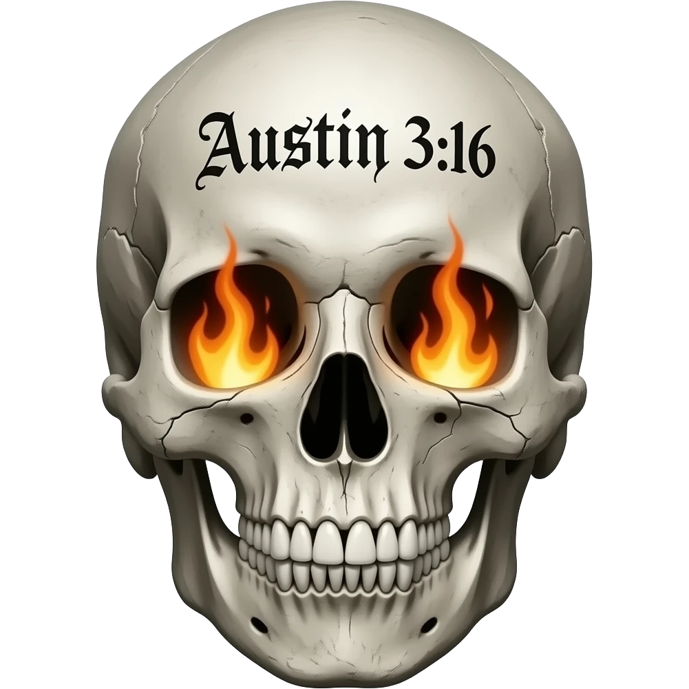 A whole human skull with jaw that has aged with the words Austin 3:16 in black ink, eye socket, and nose cavity need flames, words need to be carved in to its forehead in a Gothic font, show cracks, weathering, pieces missing, real fire needs to come out of the eye sockets emoji