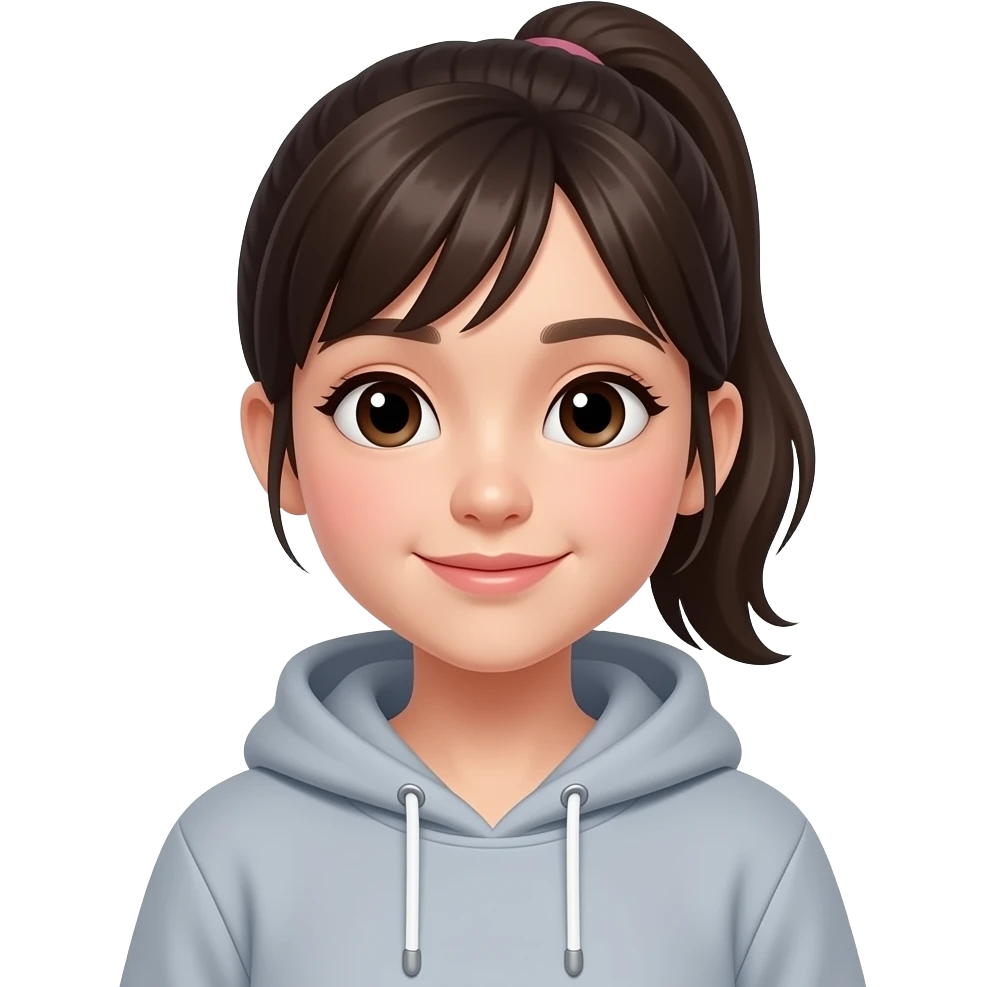 An Asian girl in her late teens with a cute face, wearing a hoodie and with her long hair tied back in a ponytail. An emoji showing only her upper body. emoji