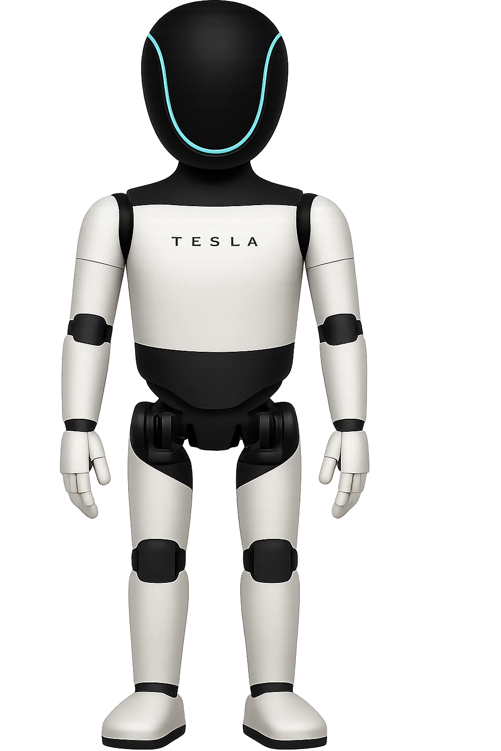 Create a fullbody Tesla robot emoji with the exact head from the reference image, arms down pose, apple emoji style, relaxed stance, ensuring the head and feet are fully in frame. emoji