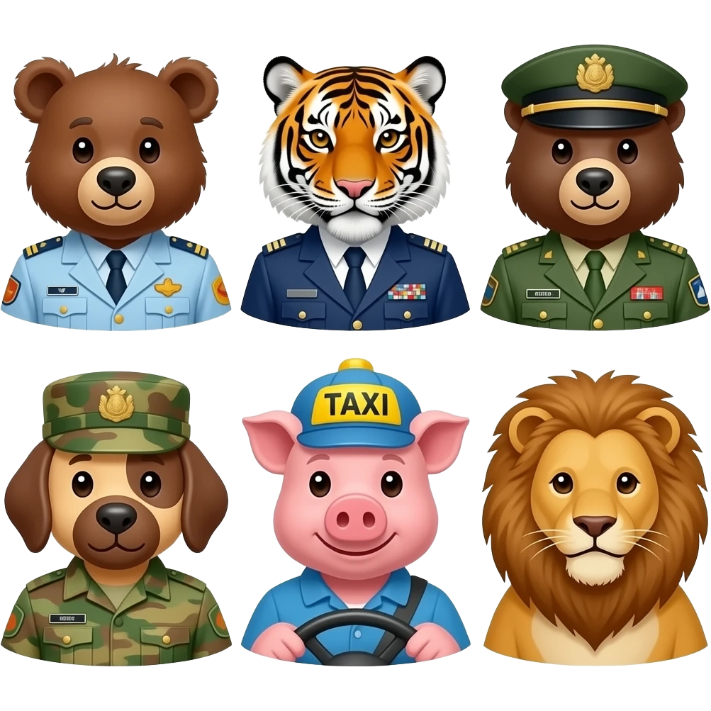 Electrician bear, train conductor tiger, train driver bear, soldier dog, taxi driver pig, and actor lion emoji