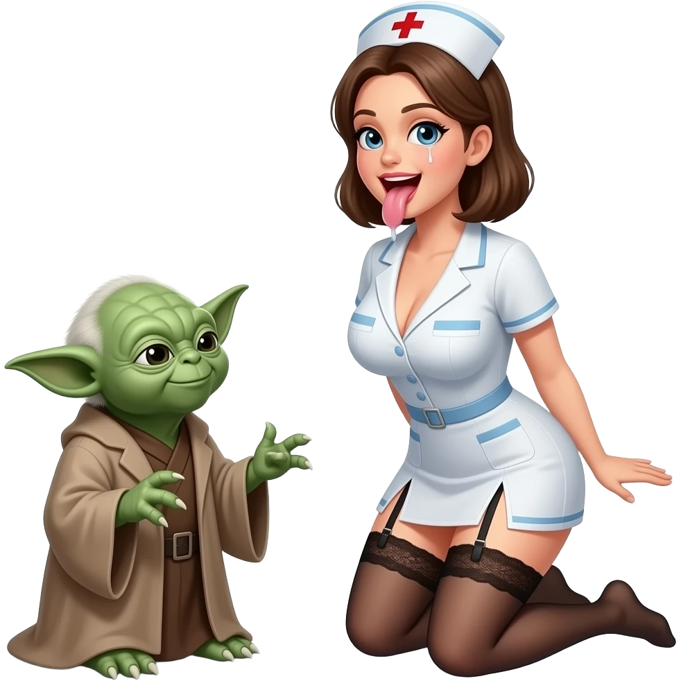 Yoda with a large breasted nurse, nurse mouth wide open with droolvery skimpy lingerie,open mouth  wearing garter belt, kneeling in front of yoda emoji