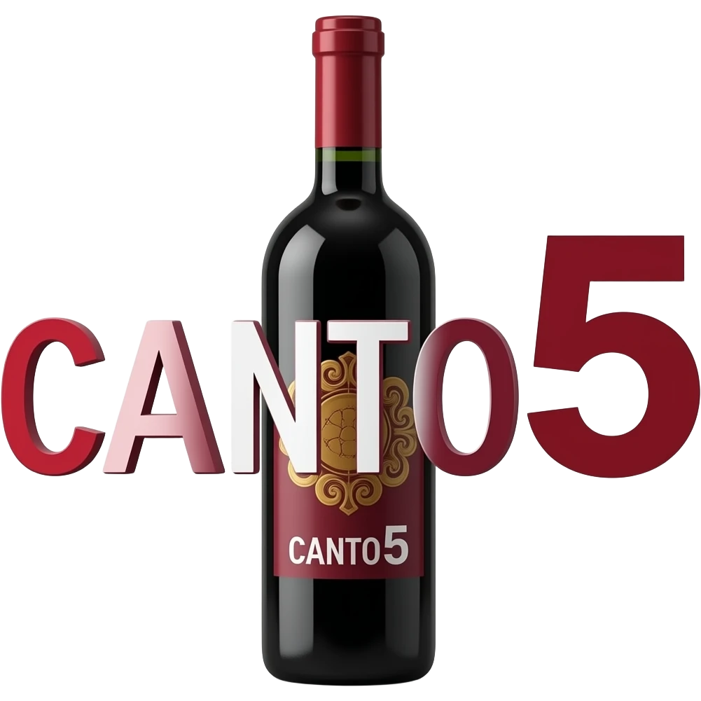 Emoji de una botella de vino de color rojo entera que tenga la palabra CANTO5 a lo largo de manera horizontal en letras blancas emoji
