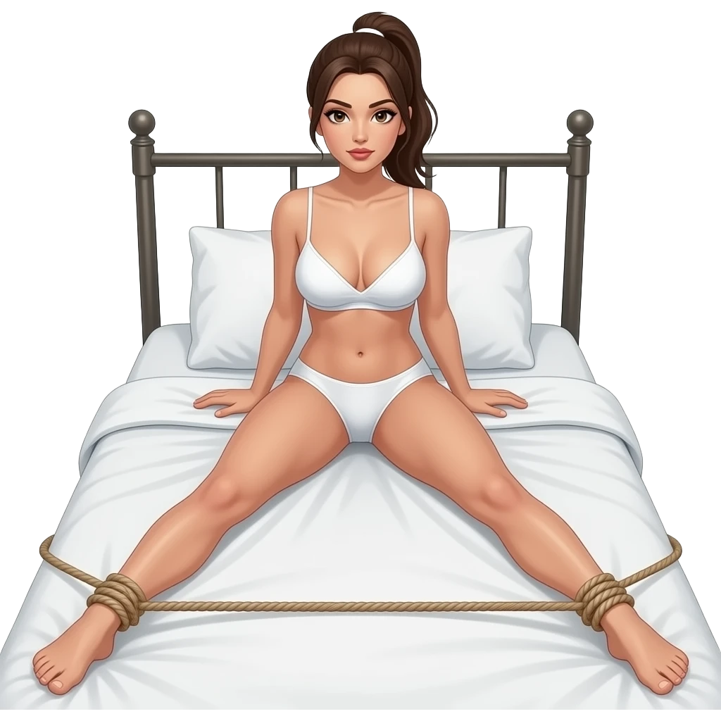 woman in white underwear with ponytail on bed with legs tied apart with rope shibari emoji