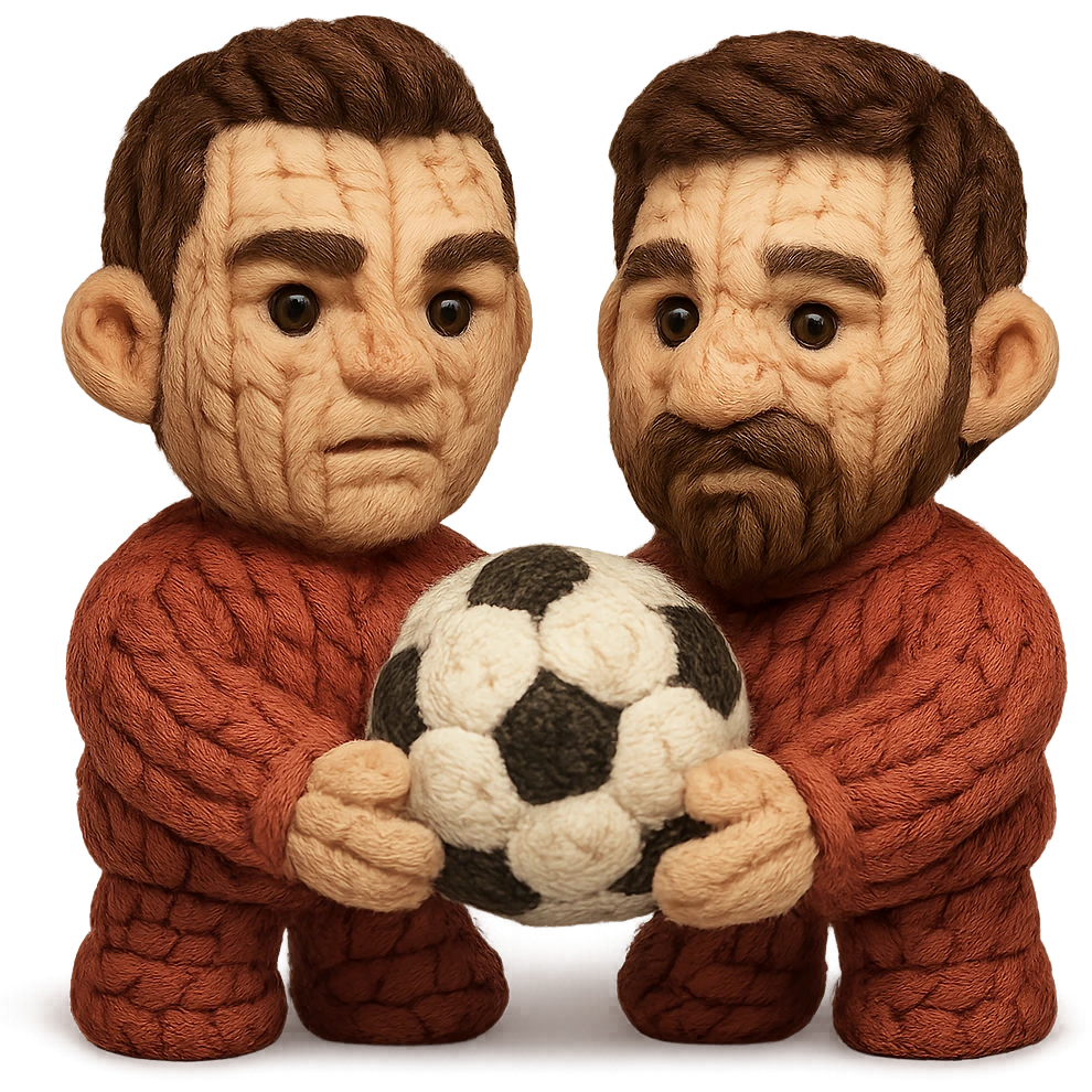 Cristiano Ronaldo and Lionel Messi, holding a soccer ball, both as red knitted thread dolls, realistic painted cartoon style emoji