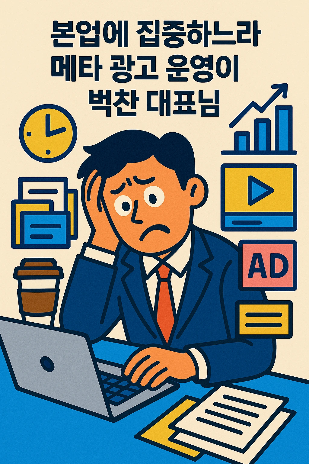 A busy business owner looking stressed, surrounded by work and digital ads, with a worried expression, in a relatable, modern illustration style, Korean text: '본업에 집중하느라 메타 광고 운영이 벅찬 대표님', simple background emoji