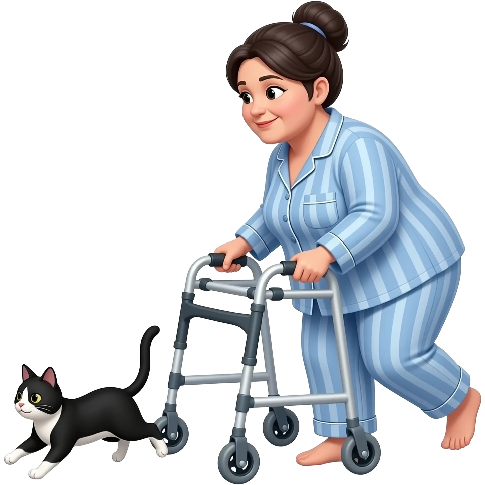 Middle aged, heavy set, dark hair in a bun, woman in pajamas using walker chasing a black and white tabby cat emoji