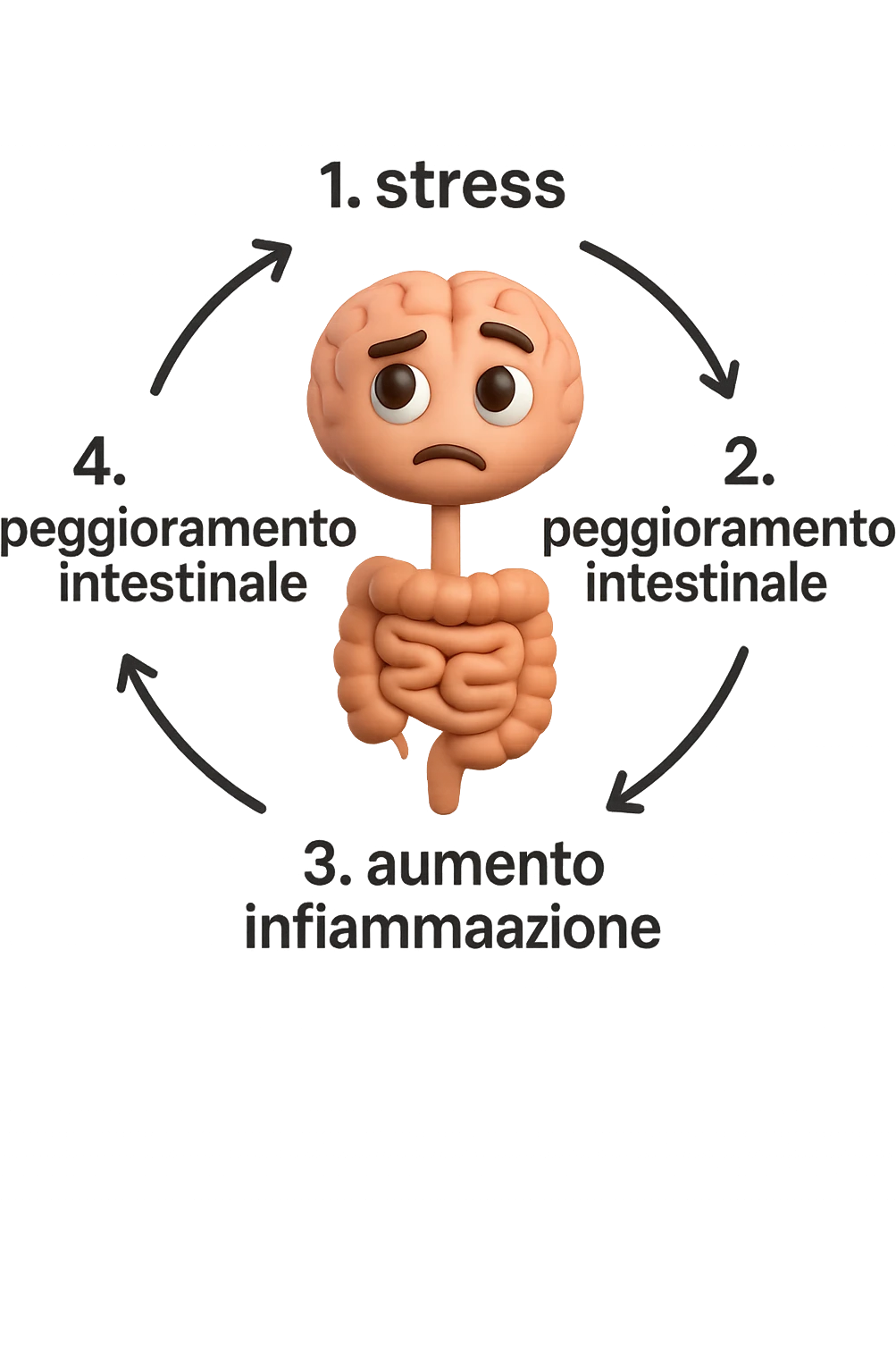 EMOJI STILE IPHONE 3D DI un cerchio con queste scritte che girano intorno in ordine per come li ho scritti "1. stress → 2. peggioramento intestinale → 3. aumento infiammazione → 4. peggioramento sintomi intestinali e sistemici." al centro del cerchio metti un cervello e intestino umani collegati verticalmente con espressione dubbiosa in volto, FALLO MOLTO REALISTICO IN 3D emoji