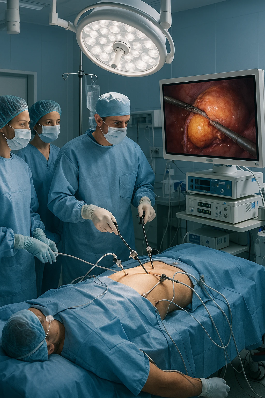 A realistic, clinical image inside a modern operating room during a laparoscopic cholecystectomy (gallbladder removal surgery). A team of surgeons in sterile gowns, masks, and gloves focus intently on the patient lying on the operating table. High-tech laparoscopic instruments are inserted through small incisions in the patient’s abdomen. On a large screen nearby, a close-up video feed shows the gallbladder being carefully dissected and removed using precise surgical tools. The environment is brightly lit with cool white surgical lights, and all medical equipment is clean and state-of-the-art. The mood is professional and sterile, conveying a sense of precision, care, and medical expertise. The patient is under anesthesia, covered with sterile drapes, with monitoring devices attached emoji