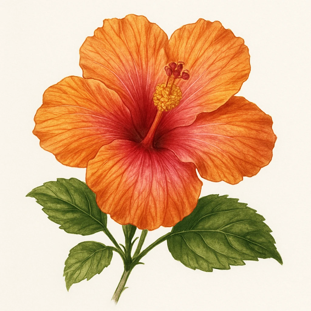 realistic hibiscus flower with orange and pink petals, detailed botanical illustration emoji