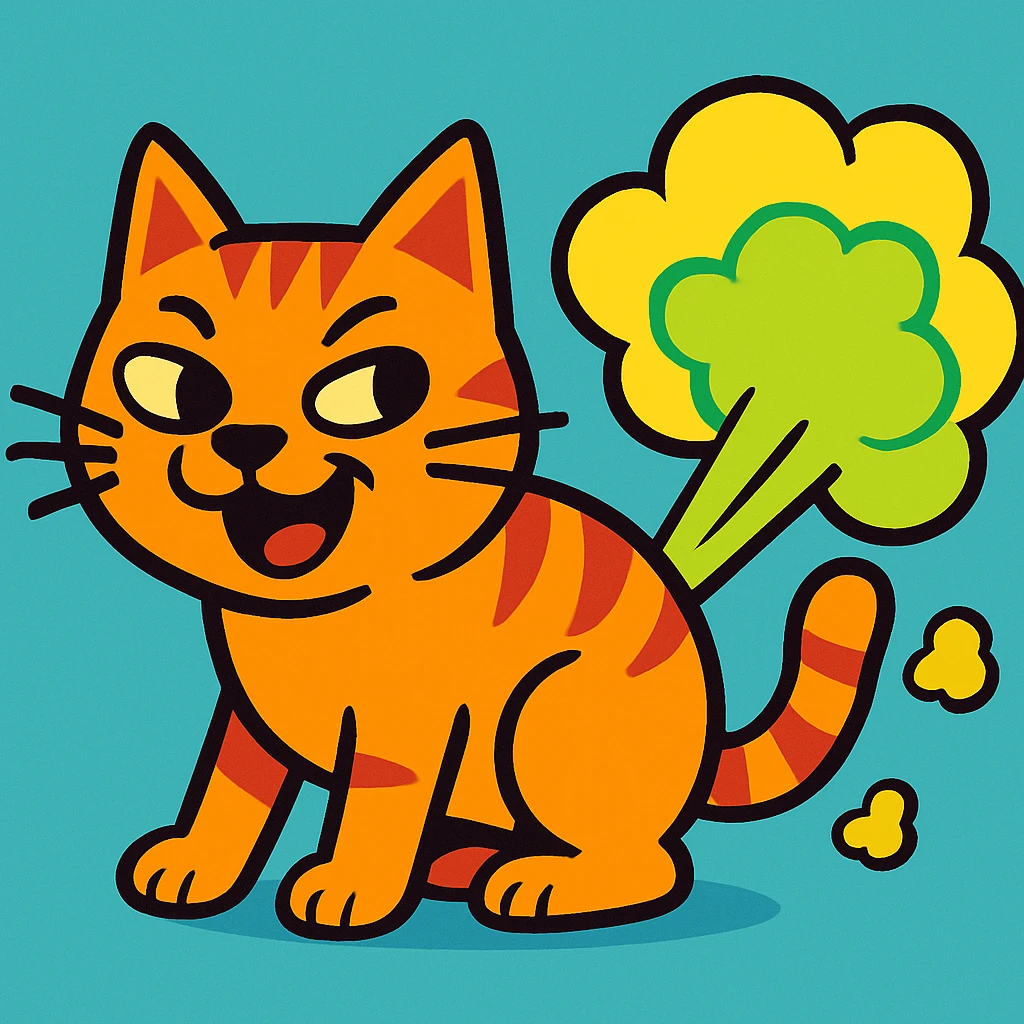 cat with a mischievous face letting out a cartoon fart cloud, vibrant cartoon style emoji