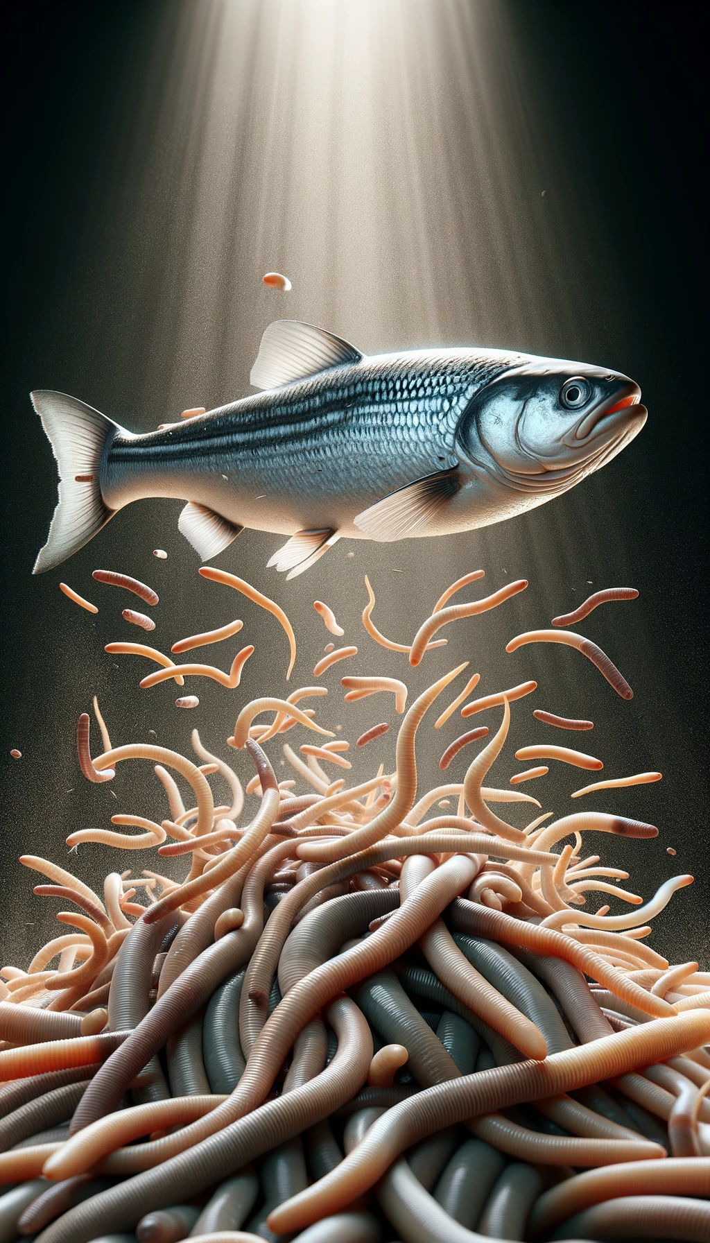 pesce crudo fluttua in aria insieme a dei lunghi vermi beige chiaro, iperrealistico 4k emoji