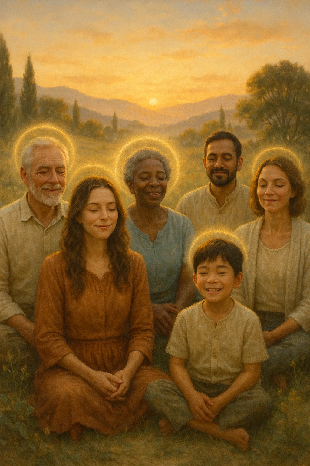 a diverse group of people of different ages and backgrounds sit together in a peaceful natural setting at sunrise, each with serene, joyful expressions. Subtle auras or soft light halos surround them, symbolizing spiritual awakening and inner harmony. The background features gentle hills, trees, and a glowing sky, evoking unity and connection. realistica italiano emoji