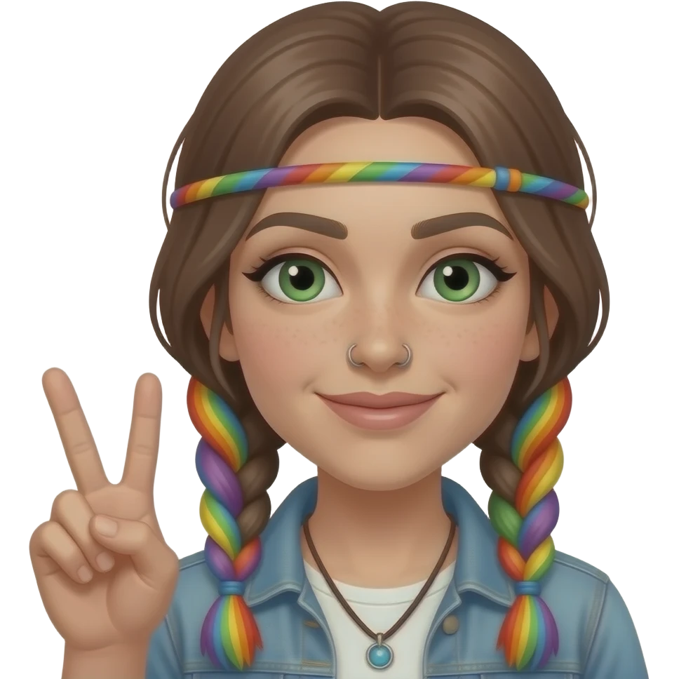 Rainbow Hippie light brown hair with braids holding peace sign fingers with green eyes and nose ring emoji