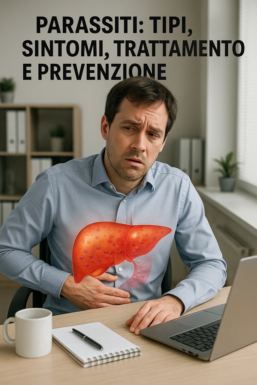 Man sitting at office desk experiencing subtle symptoms of liver dysfunction, upper abdominal pain, nausea, and unexplained fatigue Parasites: Types, Symptoms, Treatment & Prevention, expression of confusion about vague health issues, liver shown in transparent overlay with early inflammation, toxins beginning to accumulate in bloodstream, productivity declining as liver struggles to filter properly in italiano emoji
