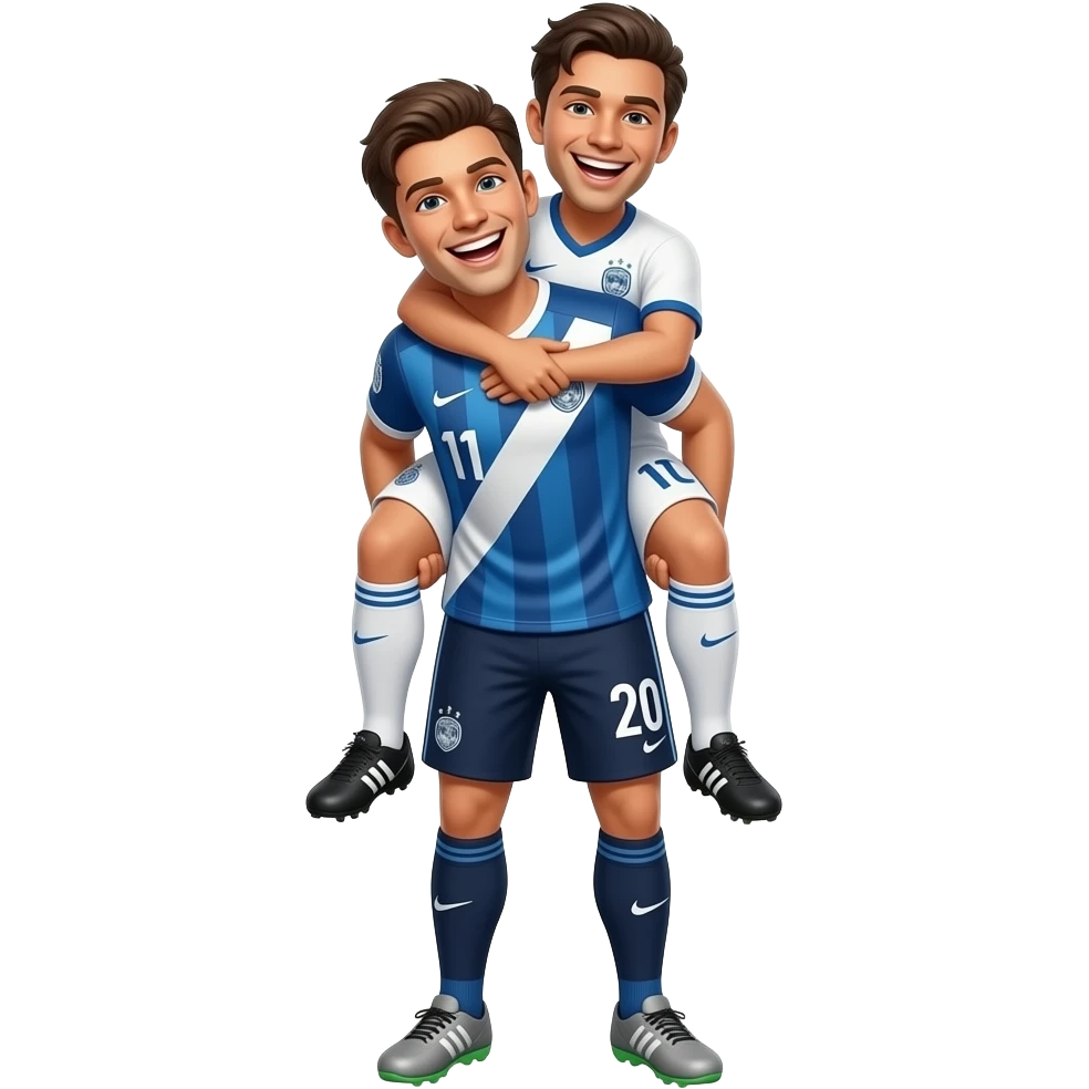 two soccer players, laughing, wearing a soccer kit. A different kit on each player.  one of them carrying the other, white player,  on their back, with a transparent background. emoji