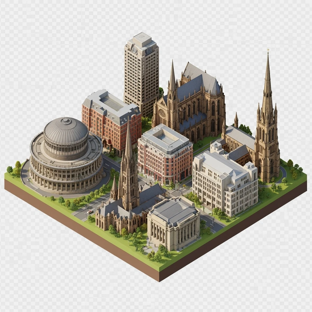 Isometric illustration-model of Birmingham with photorealistic main attractions, balanced between stylized and realistic, 3D miniature effect, transparent background. emoji