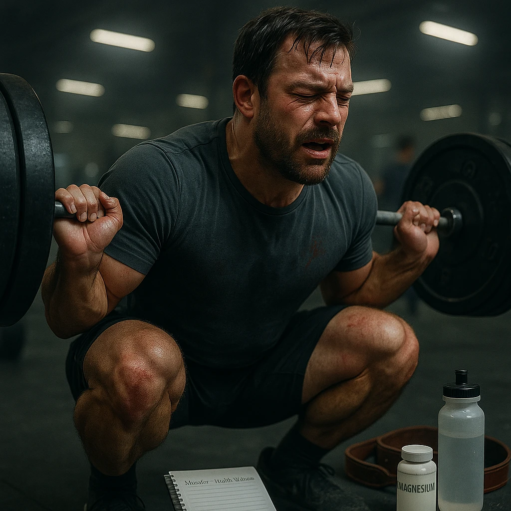 Inspired by the style and color palette of the provided image, depict a muscular 30-year-old man performing a heavy squat in a gym, sweaty, hands with chalk, diary nearby, dark circles and redness on joints. On the floor: water bottle, magnesium, belt. Background: blurred real gym with cold lighting. Cinematic realism. emoji