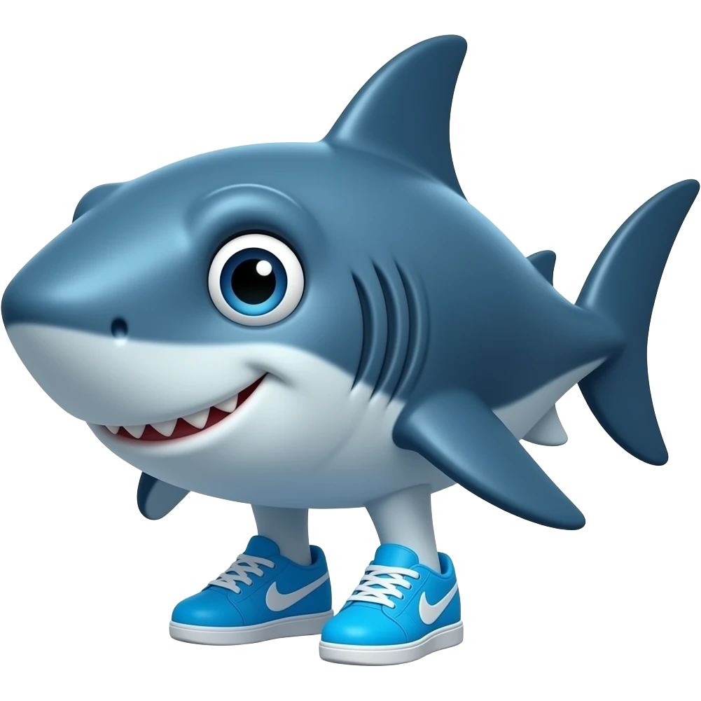 a shark with a sleek blue body, big expressive eyes, and a slightly goofy grin. wears bright blue sneakers, giving him a funny, cartoonish vibe with a mix of cool and absurd energy he dose not stand like a human but like a dog he has 3 blue sneakers 1 at the bake 2 under his fins emoji
