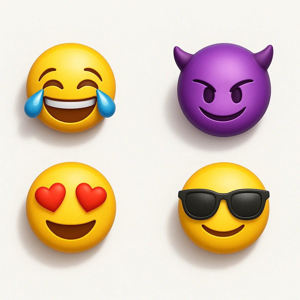 make four emojis on white background with good amount of shadow, four emojis of smiley's only. one laughing, second heart eyes, third purple devil and four black glasses emojis  emoji