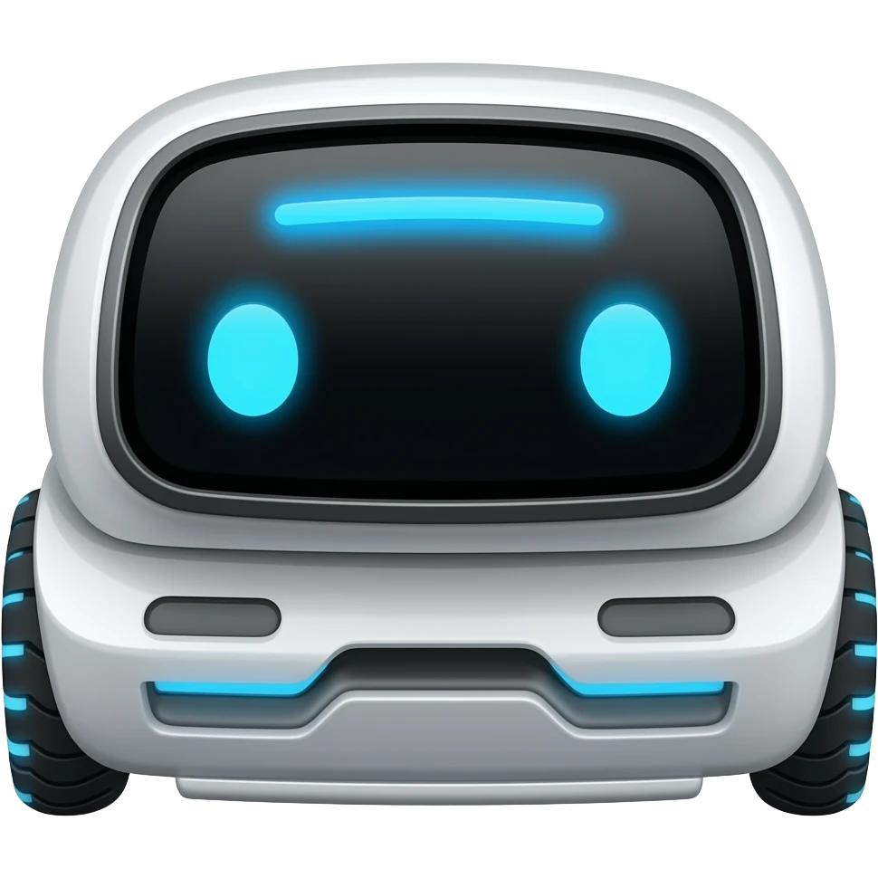 Fridge shape solid delivery robot with display showing blue eyes and a blue line on the top emoji